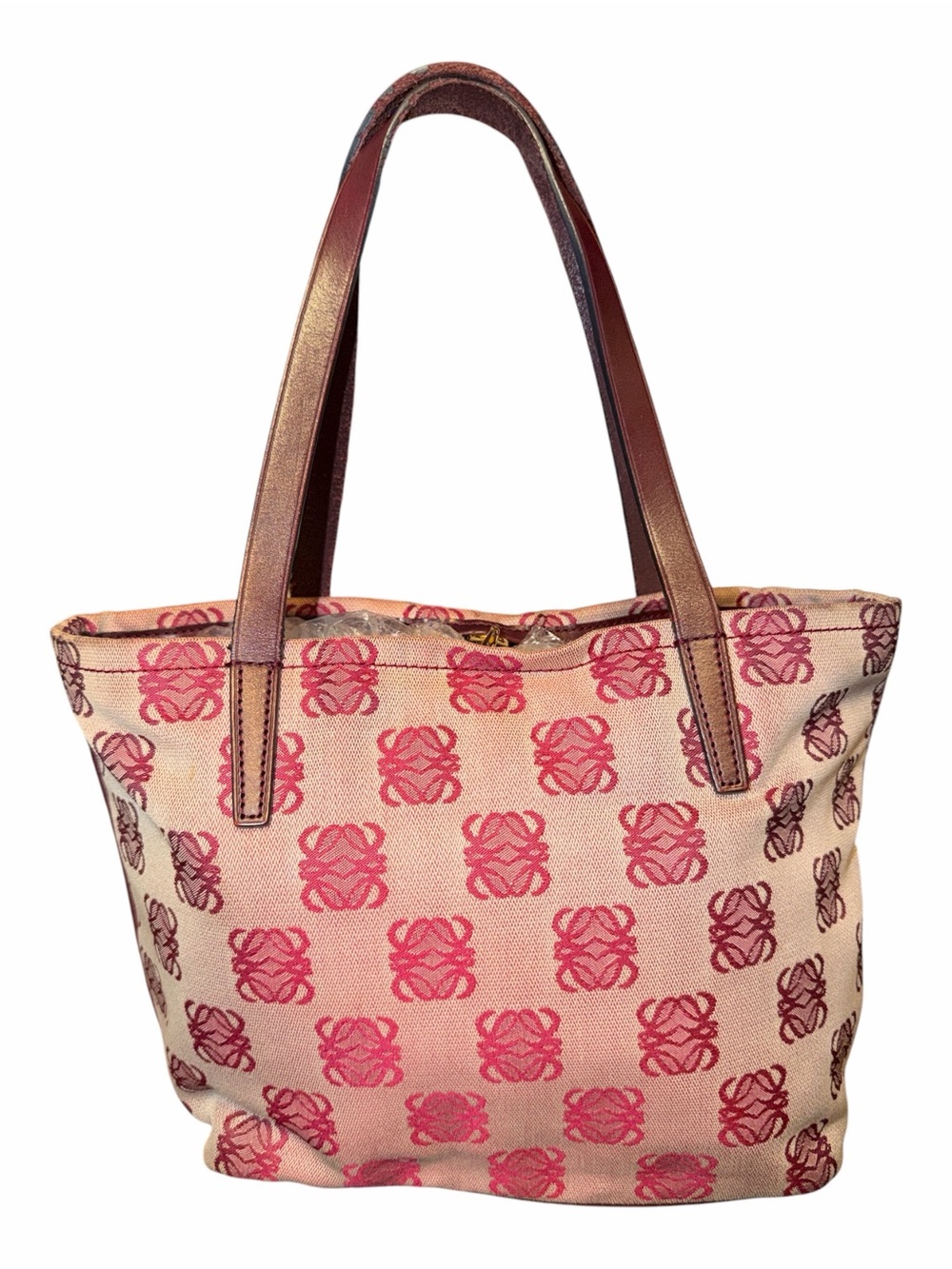 Vintage LOEWE Repeat Anagram Jacquard Canvas Tote Bag Pink Burgundy Leather